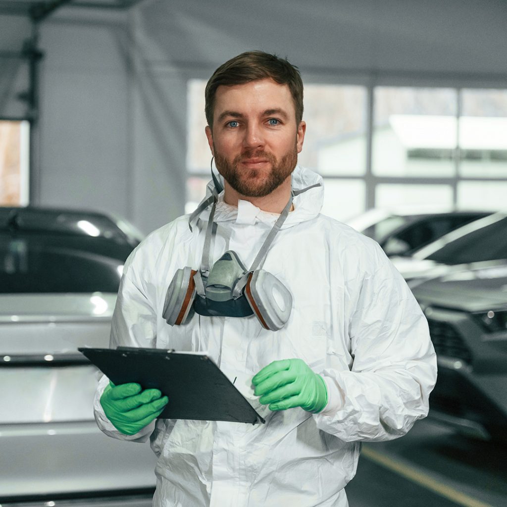 KFZ Lackierer in Schutzanzug bei Karosseriearbeiten in der Werkstatt in Steyr