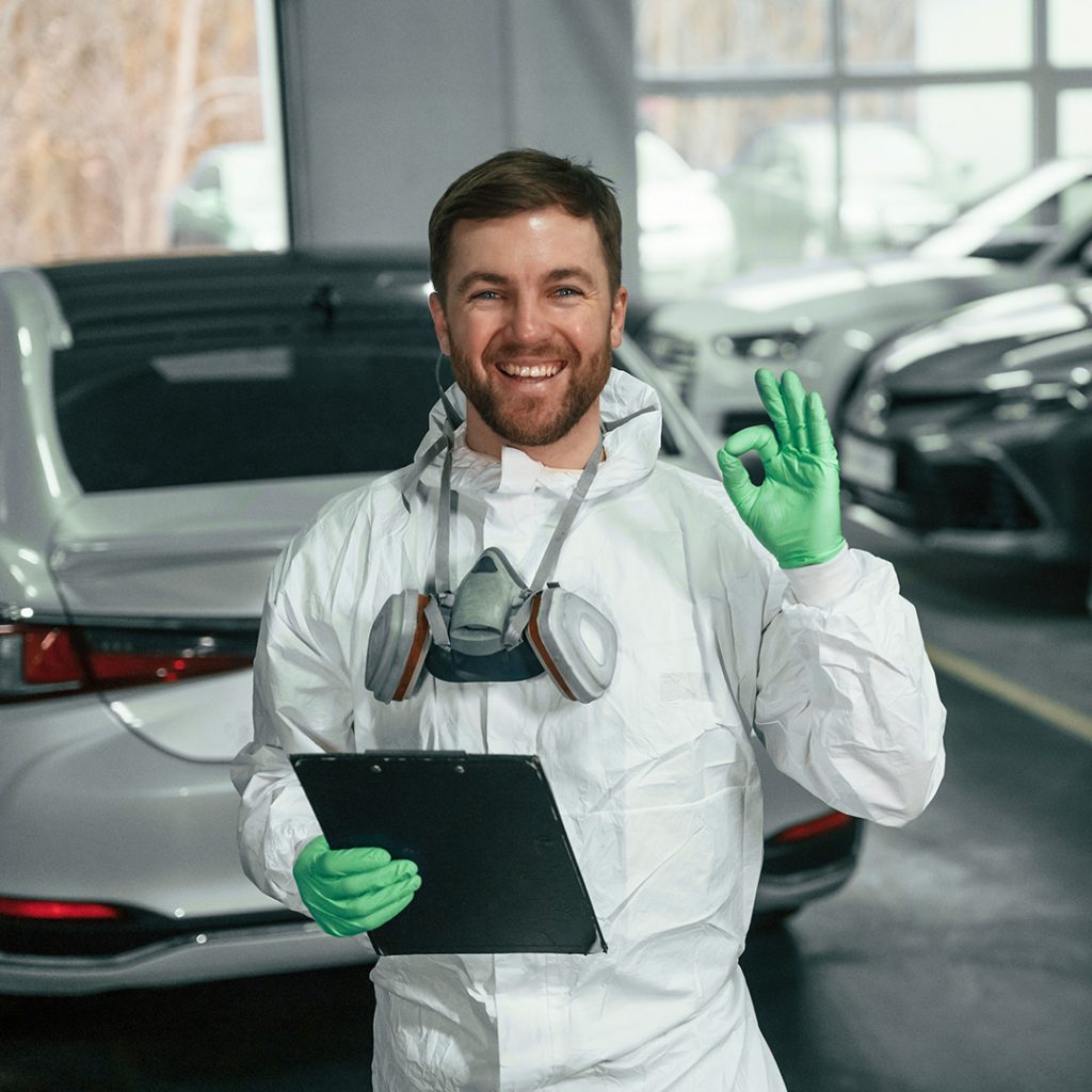 KFZ Facharbeiter in Schutzanzug bei der Begutachtung eines Fahrzeugs in der Werkstatt in Steyr